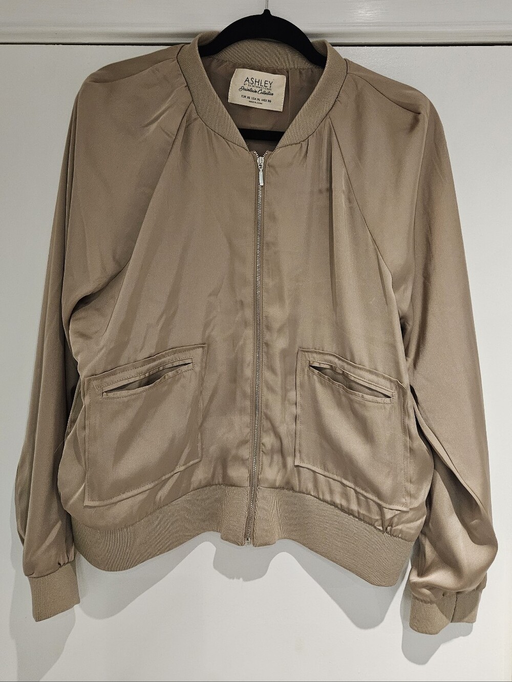Ashley by 26 International Silk Blend Bomber Jacket Tan Beige Neutral XL